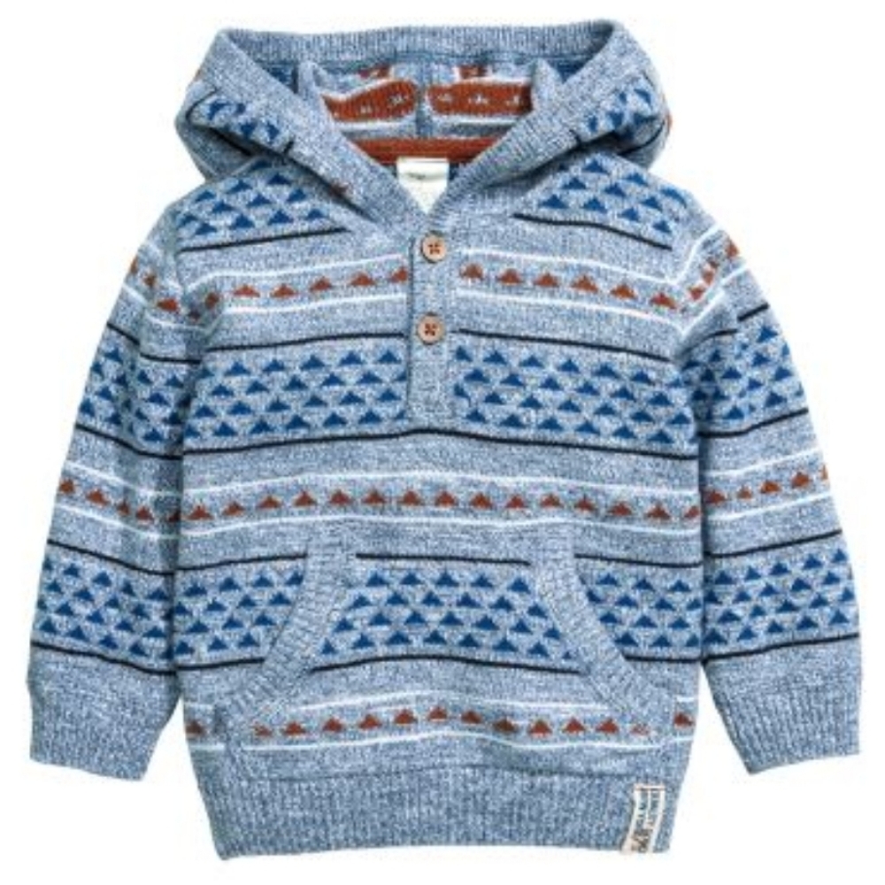 Boy's H&M Fine knit-hoodie light blue patterned kangaroo pocket